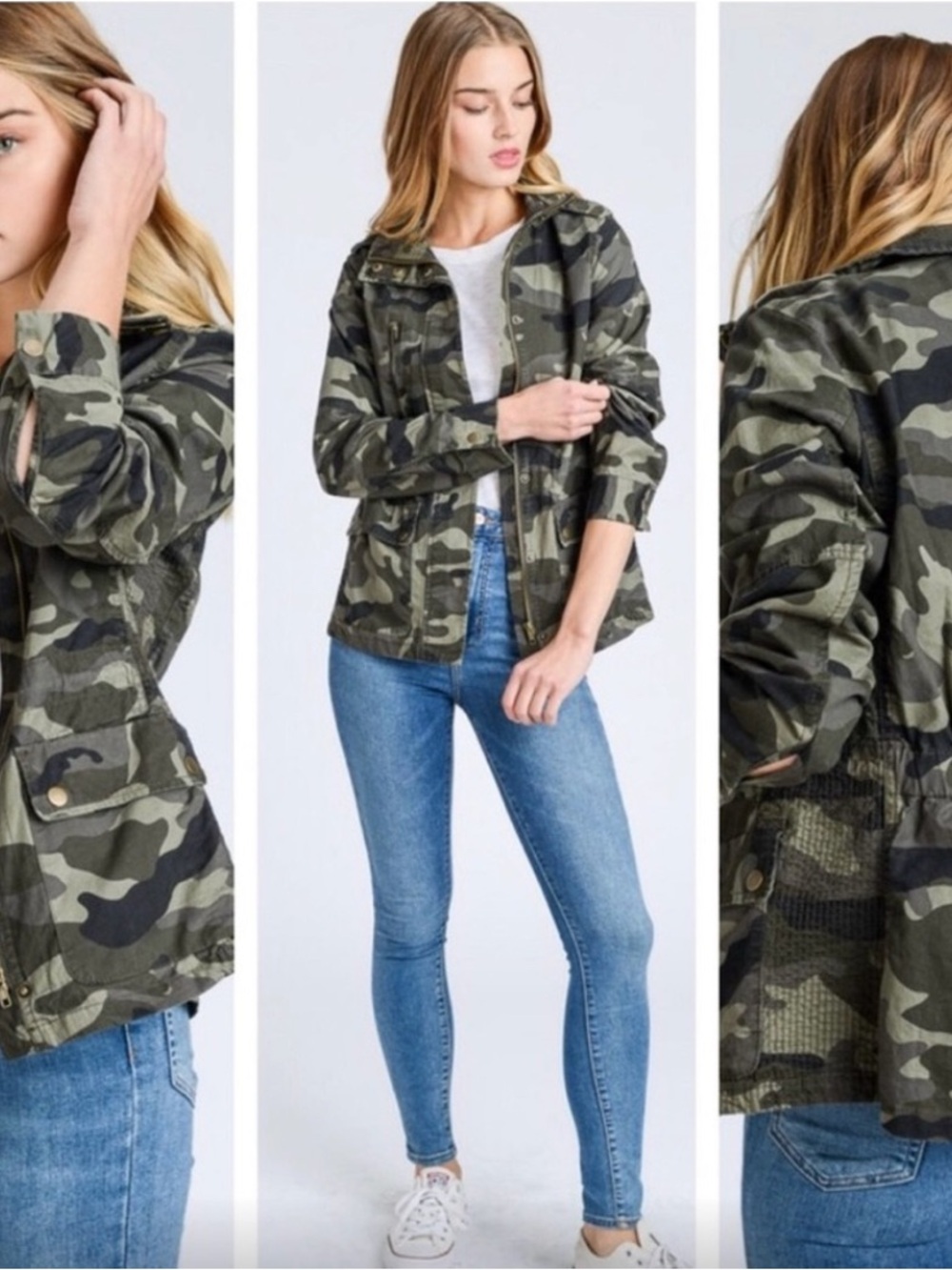 Love Tree Green Camouflage Utility Cargo Jacket 100% Cotton Size Large